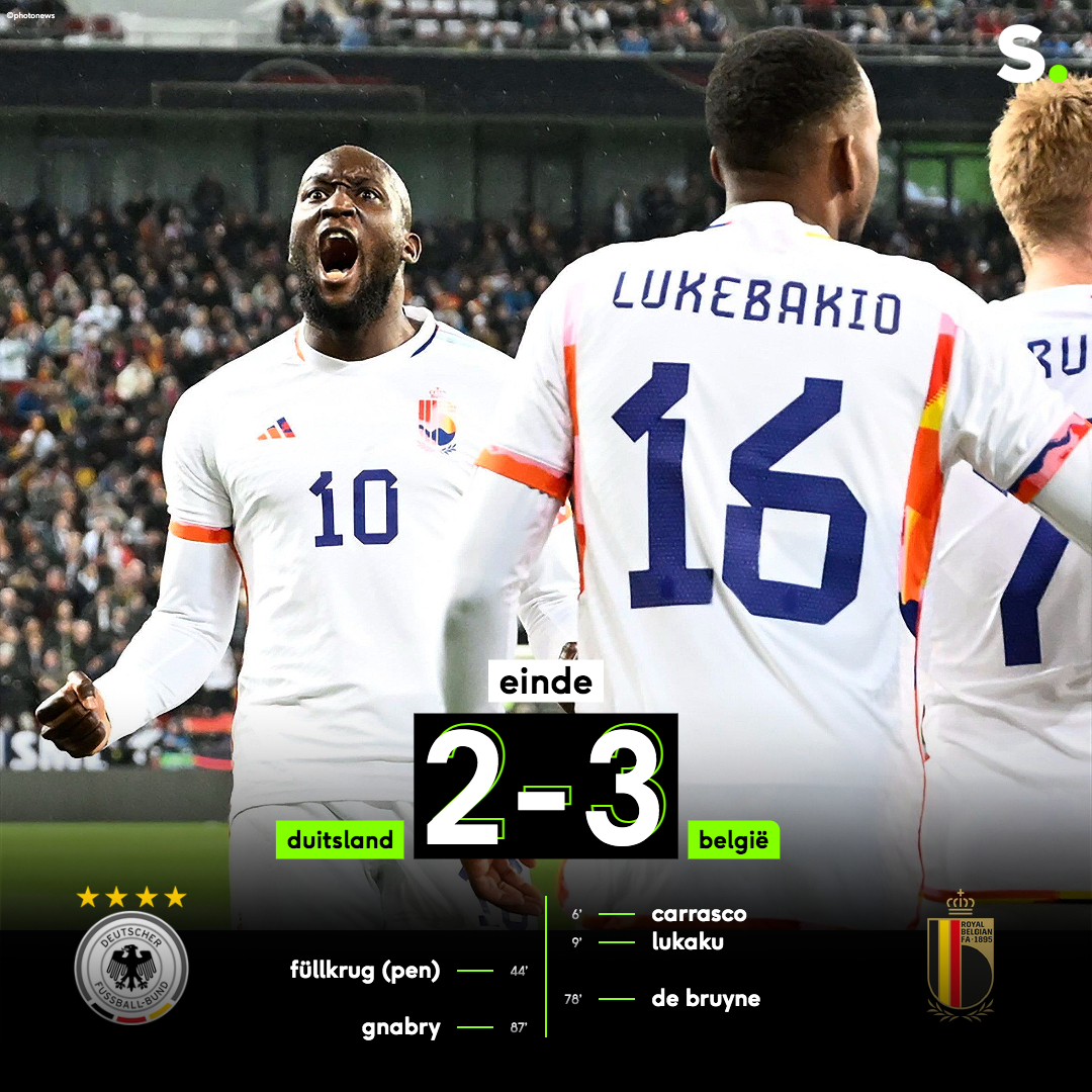 sporza's tweet photo. België wint voor het eerst sinds 1954(!) tegen Duitsland! En hoe!

Lees er alles over: https://t.co/vhiUJWzURc
#DuiBel #GerBel https://t.co/nRWm6z8Z4k