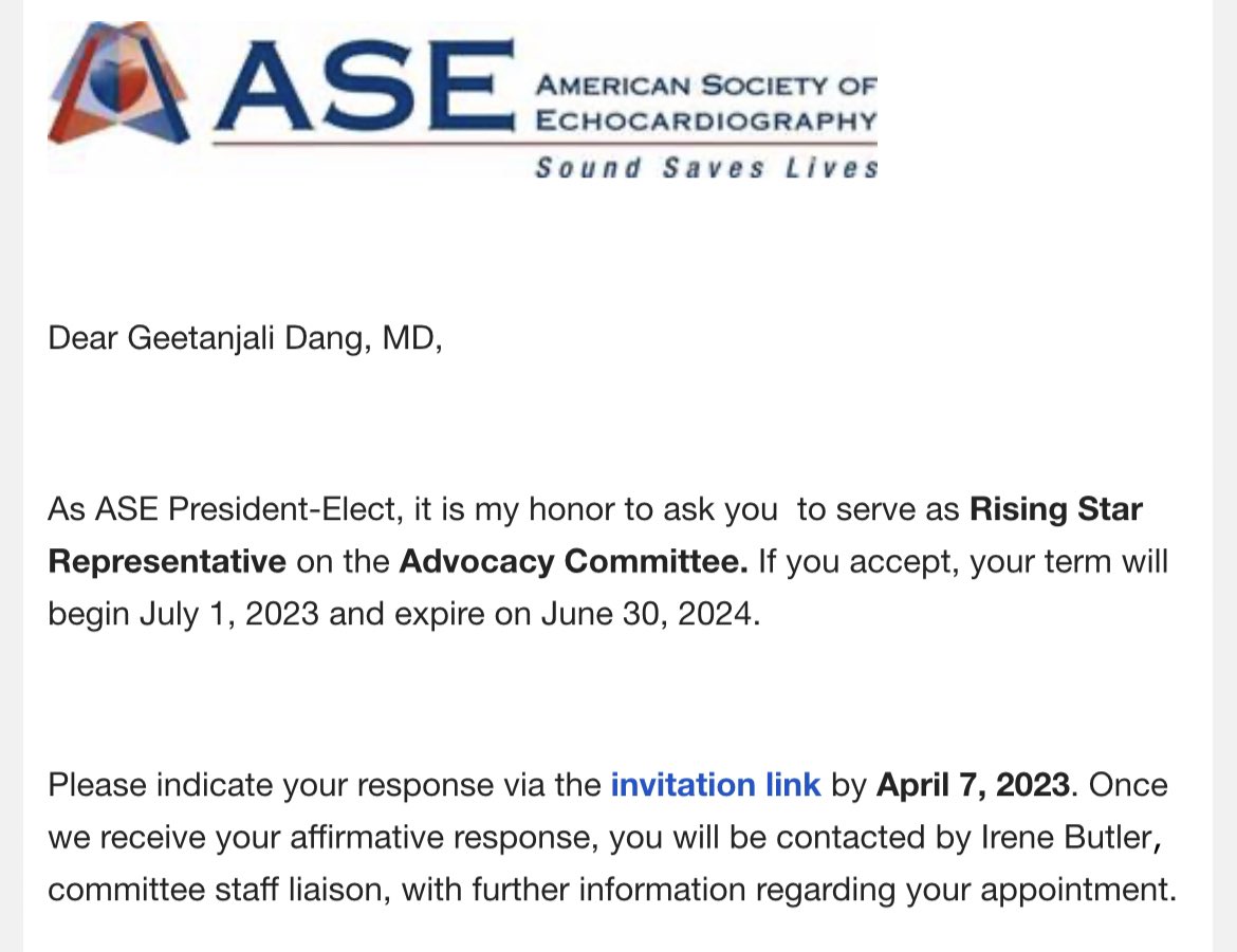 Feeling honored to be invited to serve on an ASE advocacy committee !@iamritu @ErinMichos @mswami001 @ppsengupta1 @RigolinVera @DrMarthaGulati @LaurieBaedke #echofirst #womeninecho @renujain19 @purviparwani
