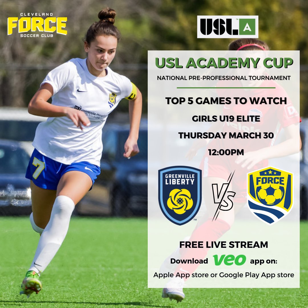 ClevForceUSL's tweet photo. U19 @ClevForceUSL Girls kick off the @USL_Academy  Cup in the spotlight being selected as one of the “Top 5 Matches to Watch” taking on Greenville Liberty SC! 

🗓️ Thur March 30th
⌚️ 12pm
📺 FREE stream on VEO app 
ℹ️ https://t.co/HCGIMxkQ9y

#chirp #clevforceusl #BringYourAGame https://t.co/GwkFFoPNDm