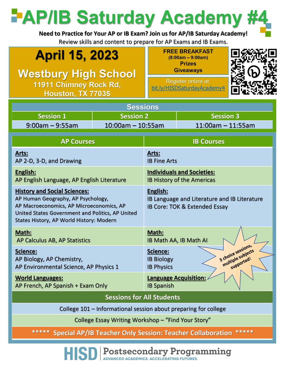 CCMR Postsecondary Houston ISD (@psphisd) on Twitter photo AP/IB Saturday Academy #4 is now available to register at bit.ly/HISDSaturdayAc…. Join us at Westbury HS on April 15th to review skills and content to help prepare for AP and IB exams. <a href="/HISDHighSchools/">HISDHighSchools</a> <a href="/HISD_Advanced/">HISD Advanced Academics</a> <a href="/HISDREADY2RISE/">READY2RISE</a> <a href="/iborganization/">International Baccalaureate</a> <a href="/APforStudents/">AP for Students</a> AP/IB Saturday Academy #4 is now available to register at bit.ly/HISDSaturdayAc…. Join us at Westbury HS on April 15th to review skills and content to help prepare for AP and IB exams. <a href="/HISDHighSchools/">HISDHighSchools</a> <a href="/HISD_Advanced/">HISD Advanced Academics</a> <a href="/HISDREADY2RISE/">READY2RISE</a> <a href="/iborganization/">International Baccalaureate</a> <a href="/APforStudents/">AP for Students</a>