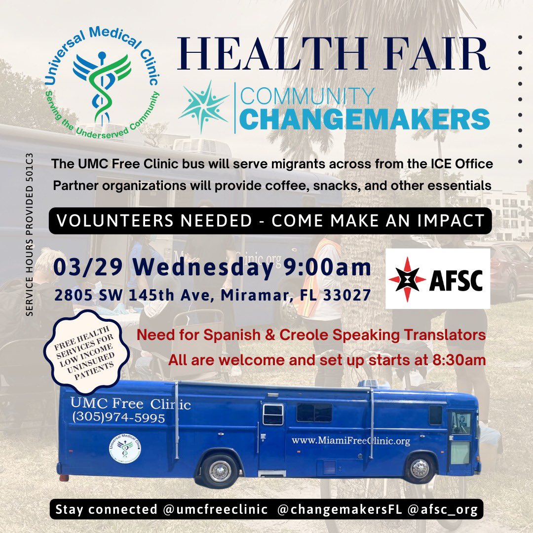 Tomorrow morning we will be serving migrant patients in Miramar regardless of status! Join us to lend a helping hand #volunteer #broward #southflorida with <a href="/AFSCFL/">𝗔𝗙𝗦𝗖 𝗙𝗟𝗢𝗥𝗜𝗗𝗔</a>