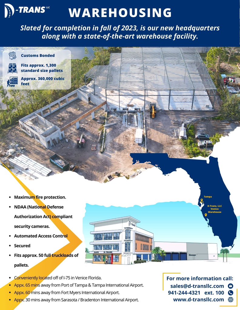 DTRANSLLC's tweet photo. Do you need a #warehouse in near #Tampa, Florida? @DTRANSLLC will have a brand new bonded warehouse available around July / August of 2023. Please reach out to sales@d-transllc.com or visit our booth #346 at Seatrade Cruise Global this week. #STCGlobal @SeatradeCruise https://t.co/u87OLXRPgw