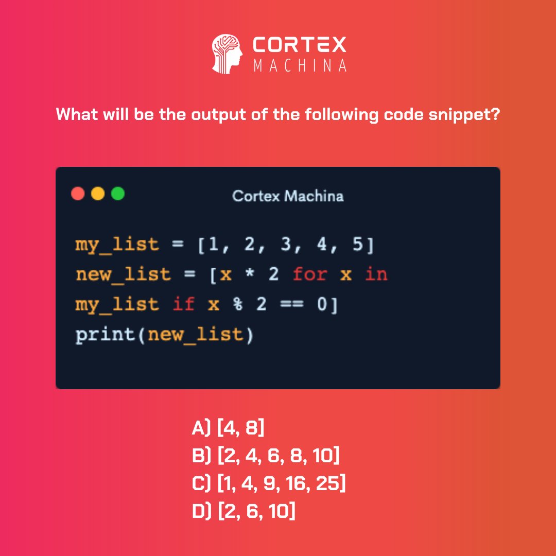 CortexMachina's tweet image. Are you a Python enthusiast looking for a challenge? Try our quiz and see how well you know this language!
Let us know your answer in the comments below!
#pythonprogramming #codingquizz
#developerlife #devlifedeveloper #codingisfun #programmerslife