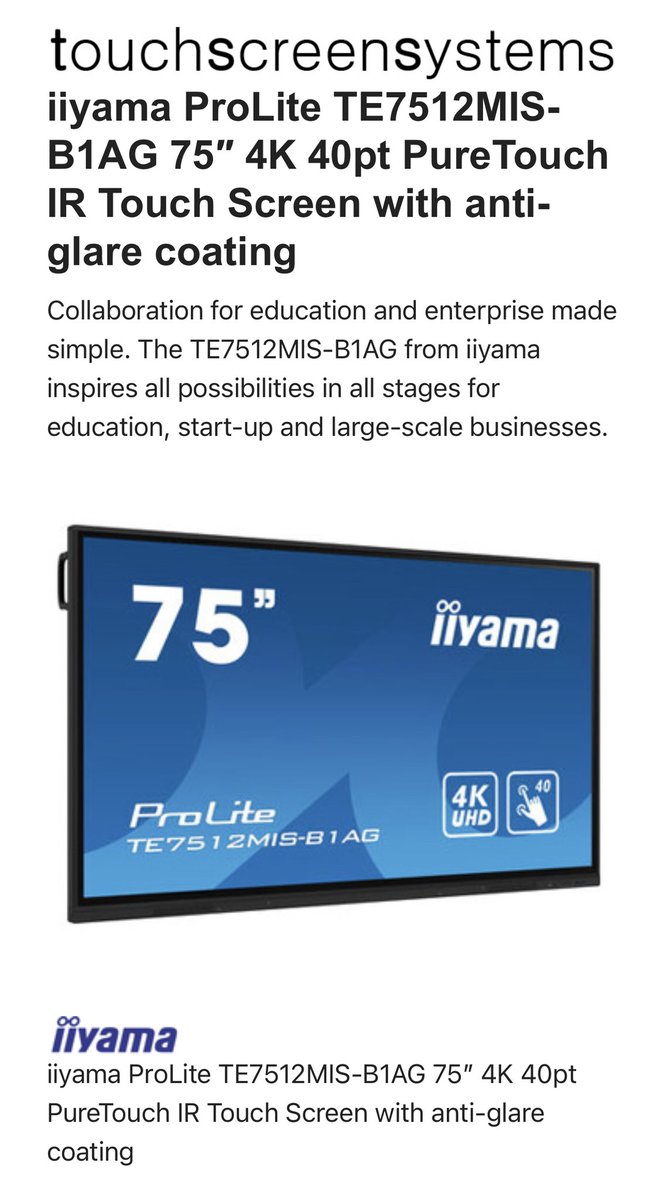 touch_screen_s's tweet photo. Touch Screens for Schools and Classrooms

Touch Screen Systems supplies a variety of iiyama Large Format Touch Screen Monitors between 75″ – 98″, ideal for Schools and Classrooms.

https://t.co/uhLCoSK9pf

#touchscreen #school #classroom #iiyama #interactivelearning https://t.co/c8kfbkFDih