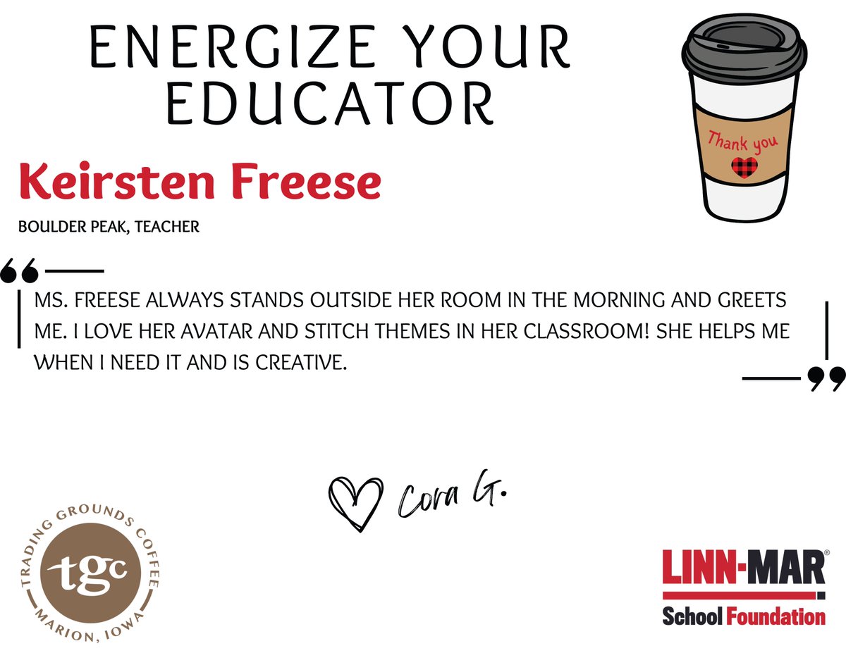 ENERGIZE YOUR EDUCATOR ☕ Congratulations, and thank you❤️🖤

Keirsten Freese - Boulder Peak Intermediate - Teacher

Sponsored by Trading Grounds