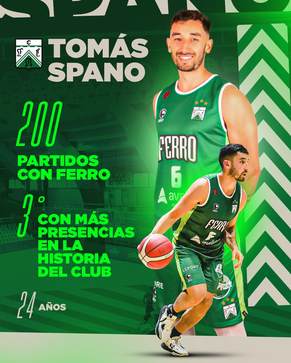 Llegó desde Chivilcoy en busca de un sueño. Hoy, hace historia en #Ferro 🔥🫶🏼

Tras ocho años en el Club, se transformó en el tercer jugador que más veces vistió nuestra camiseta, solo por detrás de Miguel Cortijo y Gabriel Moravansky 🫡

¡Te queremos mucho, <a href="/tomasspano5/">Tomas Spano</a>! 🏀💚