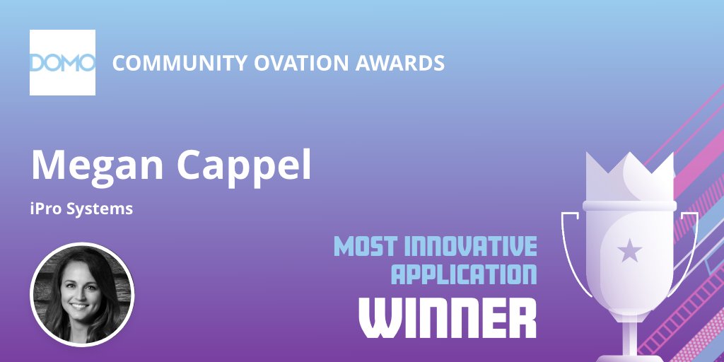 Domotalk's tweet photo. Congrats to Megan Cappel from @iProSystemsLLC for winning the Most Innovative Application Ovation Award! This award recognizes individuals who embrace Domo solutions to drive business forward through game-changing innovations. #DP23 #OvationAwards https://t.co/OFYlscXopw