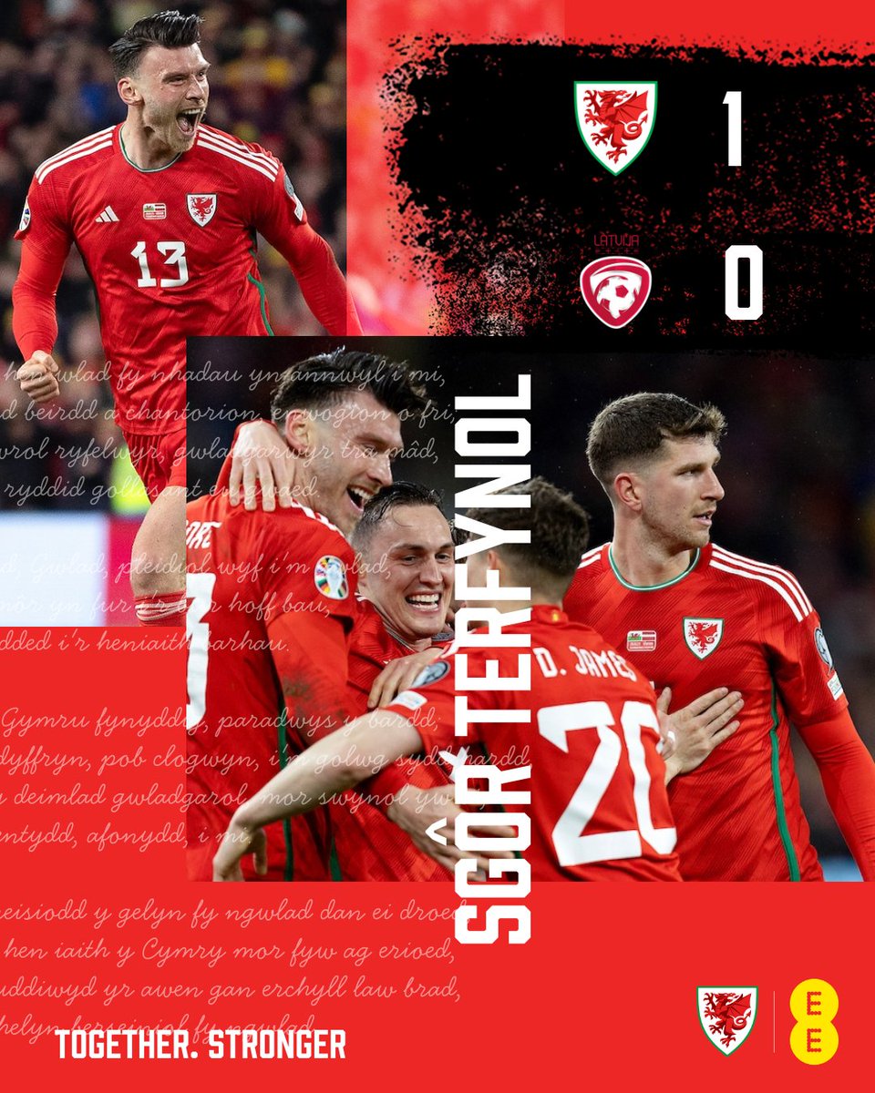 Cymru's tweet photo. SGΓR TERFYNOL | π΄σ §σ ’σ ·σ ¬σ ³σ Ώ 1-0 π±π»
Kieffer Moore's header late in the first half secures three more points for Cymru β
#CYMLAT | #TogetherStronger https://t.co/H3hDsgaD9b