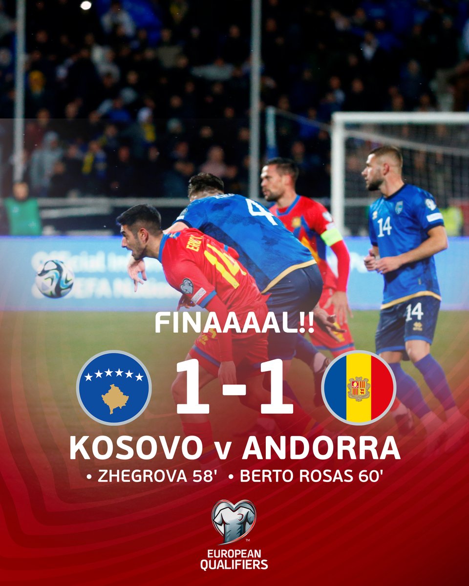 FINAAAAAAAAL! 🇽🇰🆚🇦🇩
➡️ Primer punt en una nit històrica!! Aquests nanos són increïbles, cada dia ens sorprenen més!!
Kosovo 1⃣
Andorra 1⃣
Va per vosaltres, afició! FORÇA ANDORRA!! 💙💛♥️

#SomAndorra