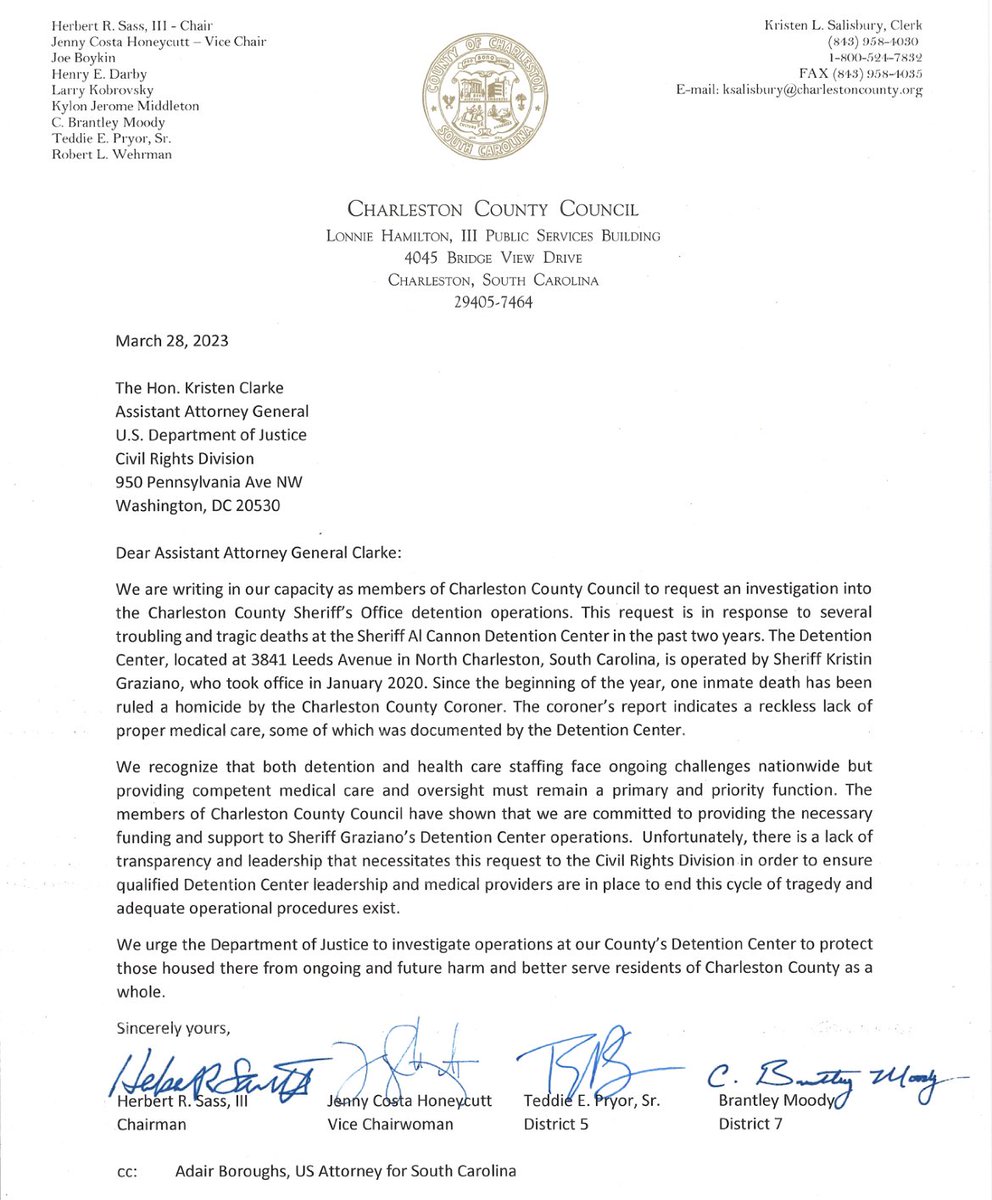 JUST IN: four members of Charleston County council have signed off on a letter requesting the #DOJ to investigate the Al Cannon Detention Center. <a href="/Live5News/">Live5News</a>