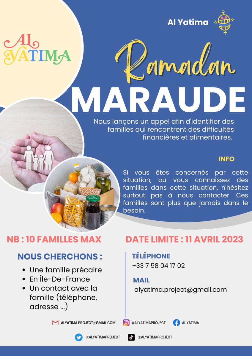 alyatimaproject's tweet photo. Vous connaissez des familles avec des difficultés ? Contactez-nous pour qu’on puisse leur apporter une aide alimentaire. https://t.co/Jpr4uhxIoL