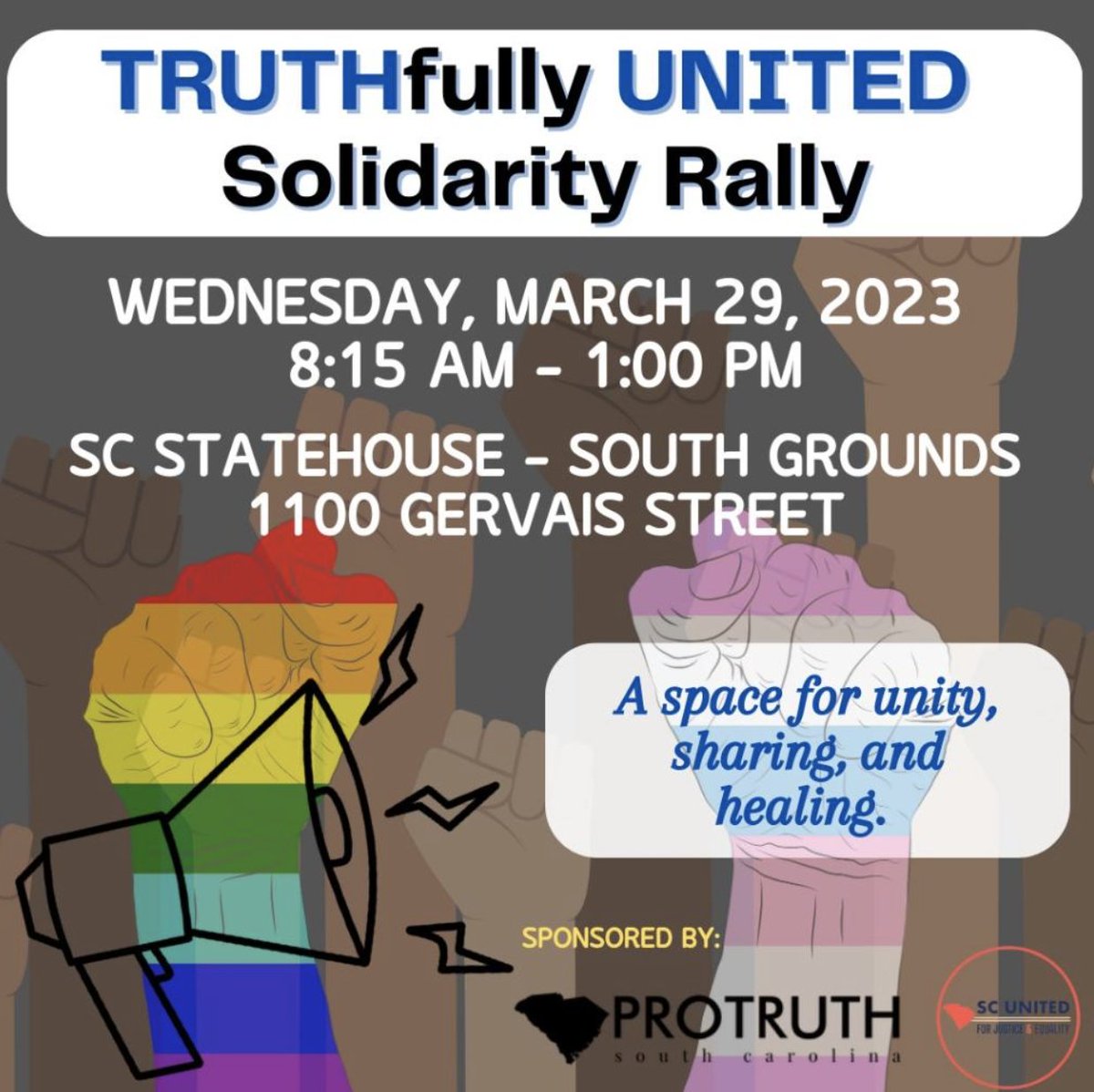 SC United for Justice & Equality (@scunited_lgbtq) on Twitter photo Wednesday! Join us in Columbia, alongside our partners at <a href="/protruthsc/">ProTruth SC</a>, to push back against anti-transgender and racist bills. We'll be mobilizing folks to testify against a slate of discriminatory bills, then hosting a "People's Testimony" Speakout after. bit.ly/3KiaNmM Wednesday! Join us in Columbia, alongside our partners at <a href="/protruthsc/">ProTruth SC</a>, to push back against anti-transgender and racist bills. We'll be mobilizing folks to testify against a slate of discriminatory bills, then hosting a "People's Testimony" Speakout after. bit.ly/3KiaNmM
