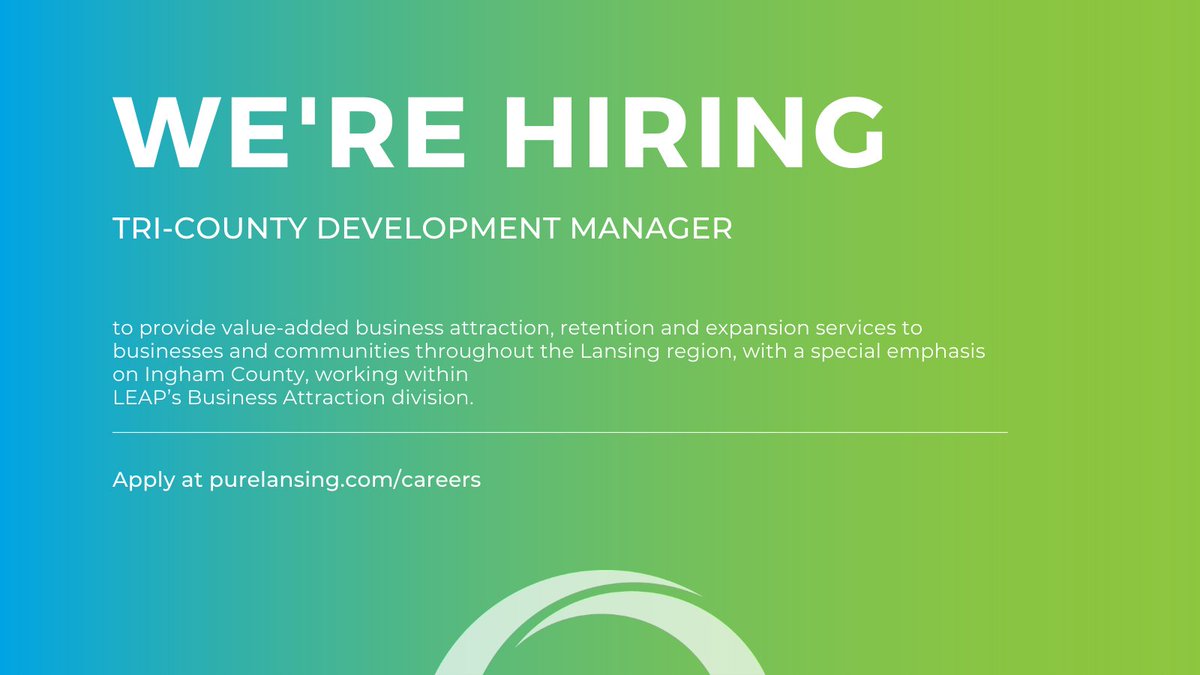 purelansing's tweet photo. LEAP is hiring! Help shape and promote the culture of economic development for the Lansing region, leading to new economic development projects. Apply here: https://t.co/Y47Whb73Em https://t.co/mdrp6ONthn