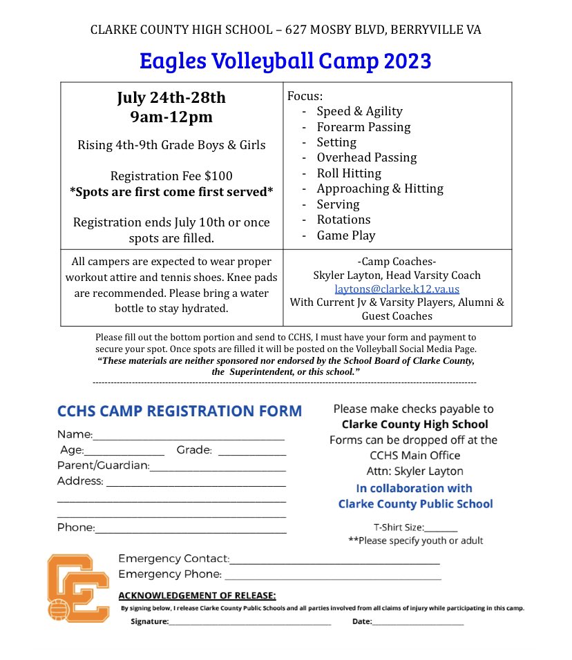 Our Annual Volleyball Camp will be returning this summer! Mark your calendars for July 24th-30th 🧡🏐💙 

Spots are first come first serve so get your registration turned in ASAP to ensure your son or daughter has a spot!