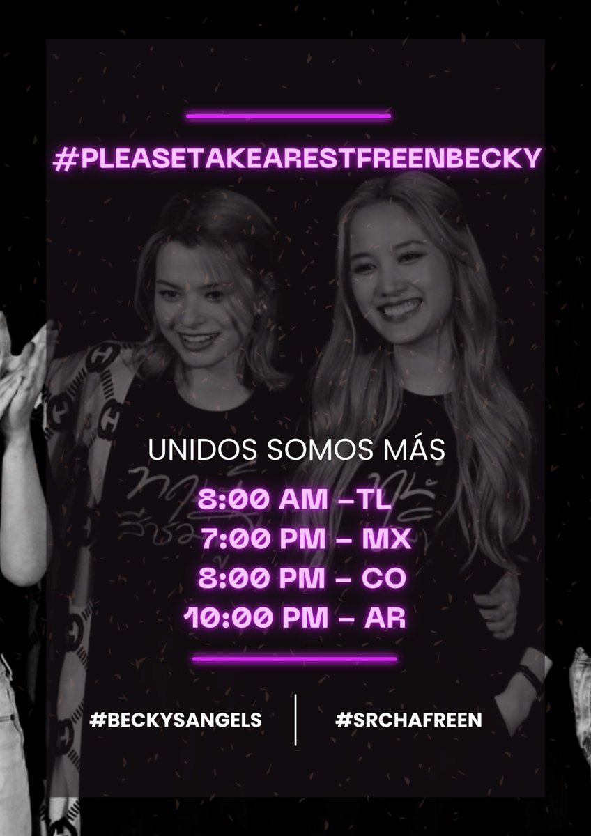 freenbeck_latam's tweet photo. Chicas LATAM vamos a armar un TT en apoyo a #FreenBecky el día de hoy !  #PleaseTakeaRestFreenBecky 

8 A.M. Tailandia / 7 P.M. México / 8 P.M. Colombia /10 P.M. Argentina

Usaremos también #Beckysangels y #srchafreen https://t.co/dTG50qPyS1