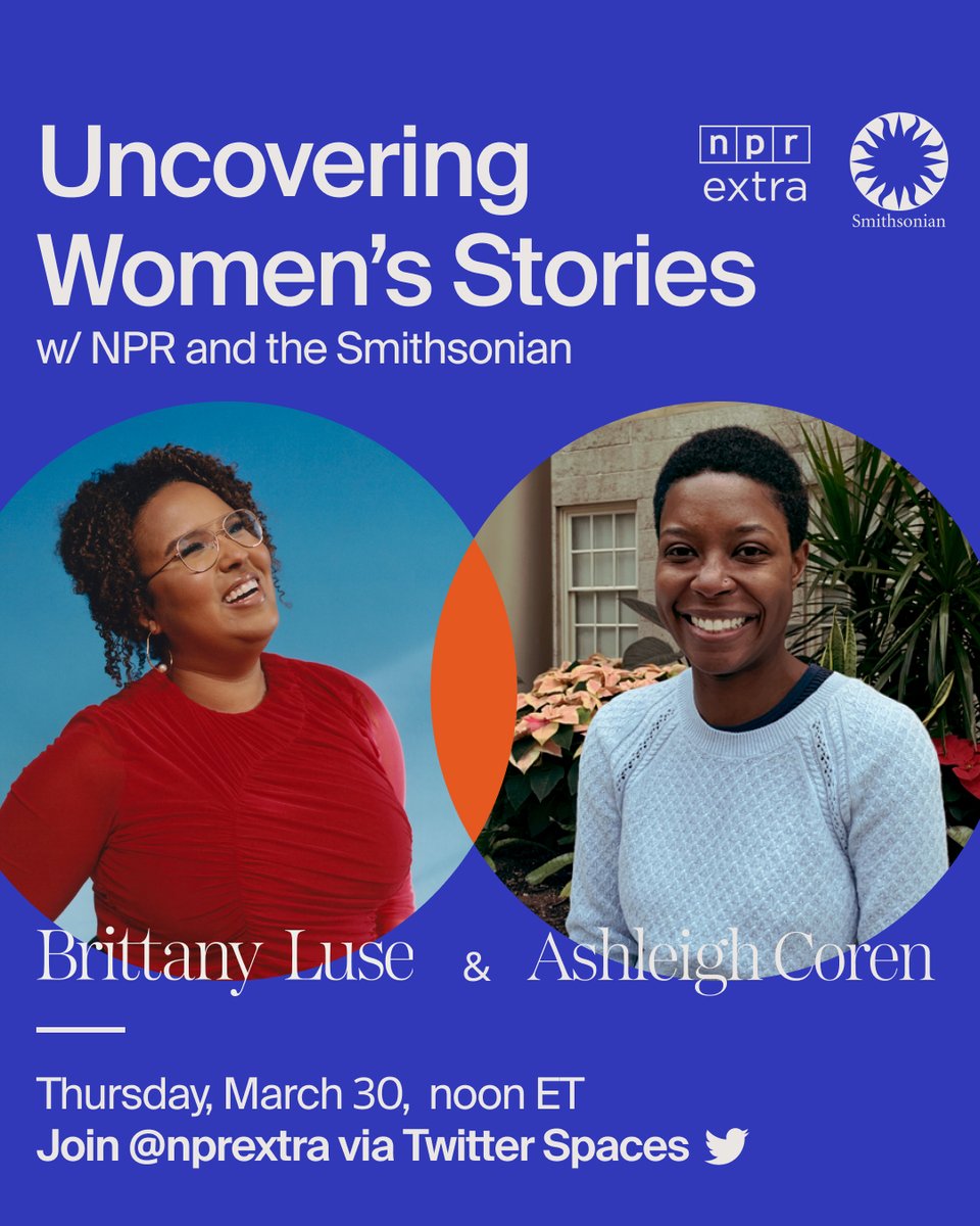 nprextra (@nprextra) on Twitter photo 🗓️ 3/30
⏰ 12pm ET
<a href="/NPRItsBeenAMin/">It's Been A Minute</a> host <a href="/bmluse/">Brittany Luse</a> and <a href="/SIAmericanWomen/">Smithsonian American Women's History Museum</a>'s Ashleigh Coren will be in conversation about the stories behind these three women: Lorraine Hansberry, Ming Smith & Grace Lee Boggs.
Prepare your questions and set your reminders!
#WomensHistoryMonth 🗓️ 3/30
⏰ 12pm ET
<a href="/NPRItsBeenAMin/">It's Been A Minute</a> host <a href="/bmluse/">Brittany Luse</a> and <a href="/SIAmericanWomen/">Smithsonian American Women's History Museum</a>'s Ashleigh Coren will be in conversation about the stories behind these three women: Lorraine Hansberry, Ming Smith & Grace Lee Boggs.
Prepare your questions and set your reminders!
#WomensHistoryMonth
