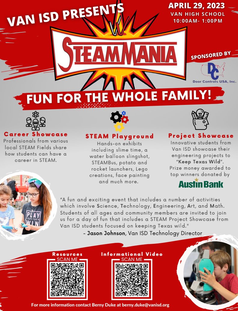 STEAM Mania is Back!!! Save the date: 4/29/2023. Join us for a day celebrating all things STEAM! The <a href="/VanSTEAMBus/">Van ISD STEAM Bus</a> will be there. There will be food trucks too! #food #communityengagement #edtech #edutech #steameducation #steamlearning #stemeducation #stemlearning #stemforkids