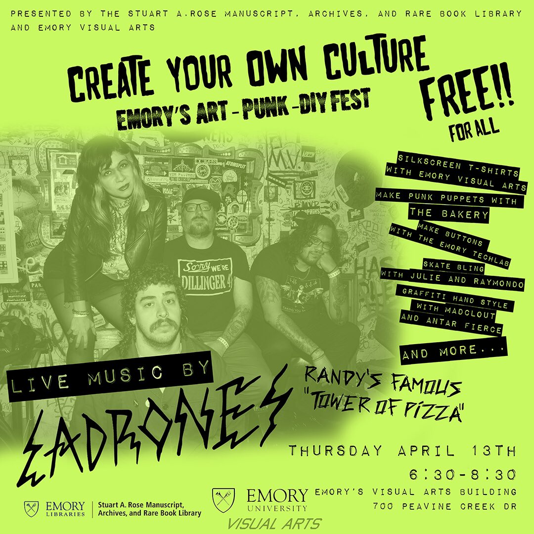 RandyGue's tweet photo. Join Emory’s Rose Library and Emory Visual Arts on April 13 from 6:30-8:30 p.m. for our legendary Art, Punk, DIY Fest, a night of music and hands-on art activities in celebration of the library’s Atlanta punk collection. Free and open to the public. https://t.co/q1JcqtsS1N