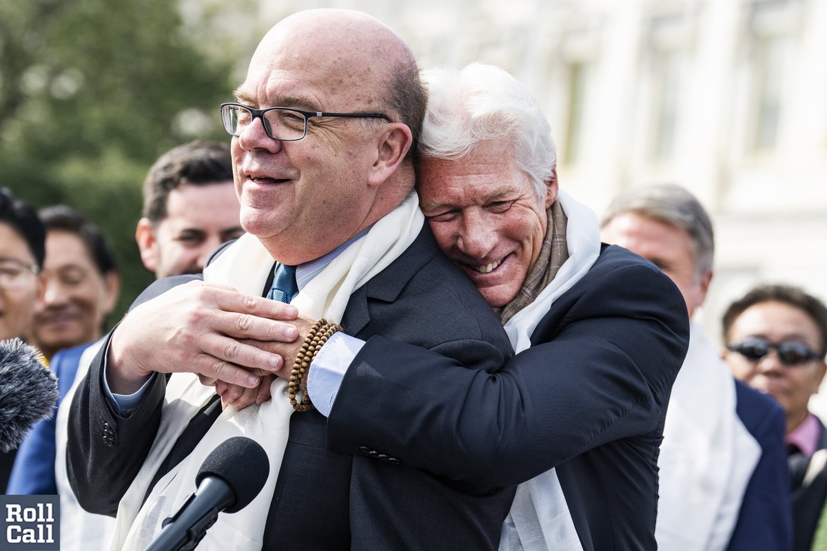 Richard Gere hugs @RepMcGovern during a news conference at the U.S. Capitol on legislation which aims to bring a peaceful end to the conflict between Tibet and China, on March 28, 2023.