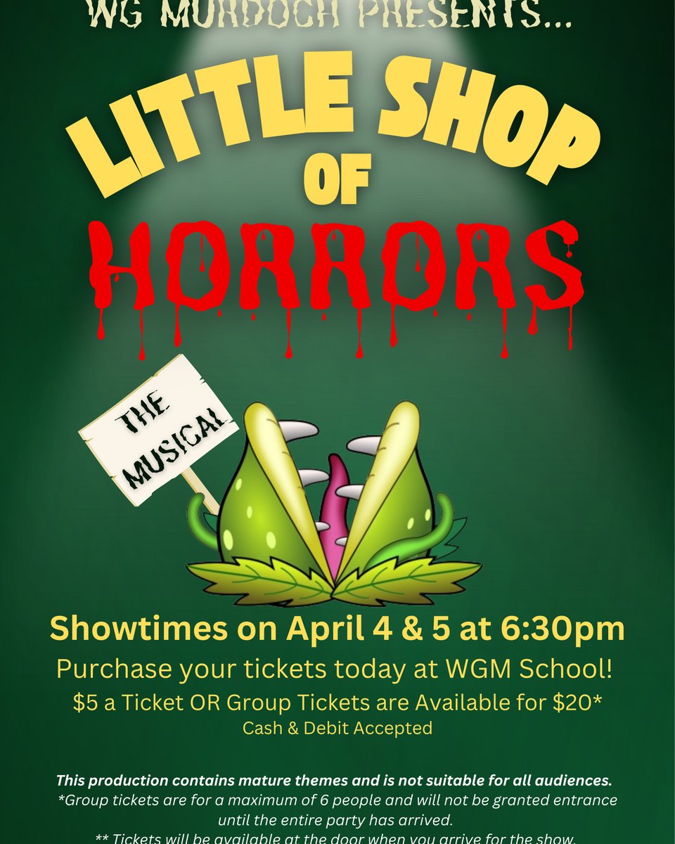 If you haven’t heard, we have an incredible production coming up next week at WG Murdoch! Check out all the details on the poster for ‘Little Shop of Horrors: The Musical. See you at the shows April 4&5! #crossfield #rvsed