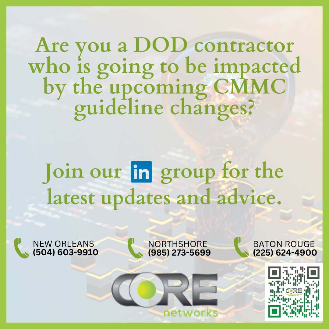 We recently set up a new LinkedIn group for those of you who are likely to be impact by the upcoming CMMC guideline changes.

linkedin.com/groups/1278294…

#cmmc #dod #departmentofdefense #cmmccompliance #dodcontractor #pentagon #cybersecurity #ransomware #itsupport #usdefense