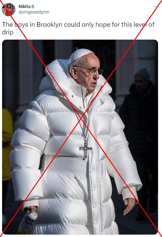 AFP Fact Check 🔎 on Twitter: "❌ This supposed image of Pope Francis is not  authentic -- it has classic signs of AI manipulation, and Vatican experts  say the coat does not