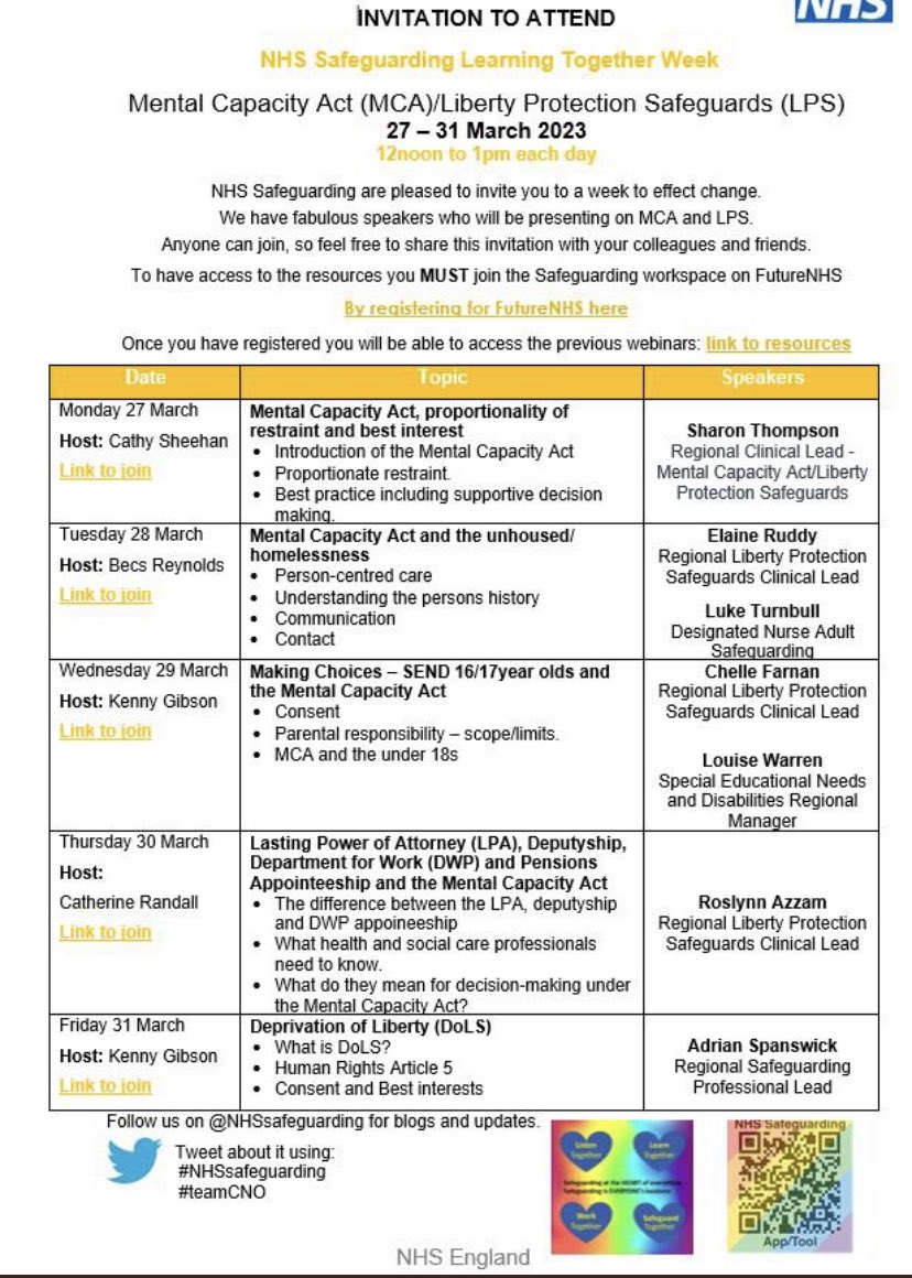 #Hello MNI Catherine πππ (@randallcath) on Twitter photo 29/3/23 - DAY 3 of All things MCA' <a href="/NHSsafeguarding/">NHSsafeguarding</a> #learningtogetherweek
#MentalCapacityAct
Making Choices - SEND 16/17year olds + Mental Capacity Act
Consent
Parental responsibility scope/limits.
MCA and the under 18
<a href="/Chelleefarnan/">Chelle Farnan (She/Her)</a> <a href="/kennygibsonnhs/">#HelloMyNameIs Kenny MBE, RN, QICN</a> 29/3/23 - DAY 3 of All things MCA' <a href="/NHSsafeguarding/">NHSsafeguarding</a> #learningtogetherweek
#MentalCapacityAct
Making Choices - SEND 16/17year olds + Mental Capacity Act
Consent
Parental responsibility scope/limits.
MCA and the under 18
<a href="/Chelleefarnan/">Chelle Farnan (She/Her)</a> <a href="/kennygibsonnhs/">#HelloMyNameIs Kenny MBE, RN, QICN</a>