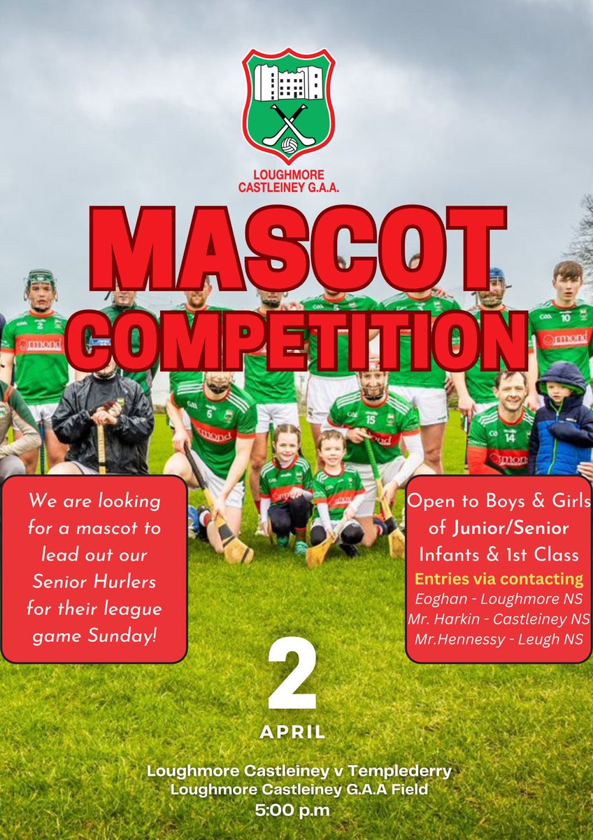 After the success of our first mascot competition we’re looking for new mascots for our upcoming game against Templederry on Sunday evening! <a href="/LoughmoreNS/">Loughmore NS</a> <a href="/castleineyns/">Castleiney NS</a> <a href="/Leugh_NS/">Leugh National School Thurles</a>