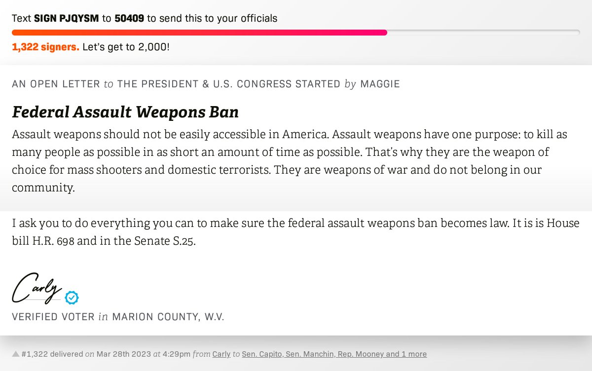 openletterbot's tweet photo. 🖋 Sign Federal Assault Weapons Ban and I'll deliver a copy to your officials: https://t.co/ZI43TZrBIj  📨 No. 1,322 is from Carly to @SenCapito, @Sen_JoeManchin, @RepAlexMooney and 1 more  #WVpol #HR698 https://t.co/Rboy9qbNVH