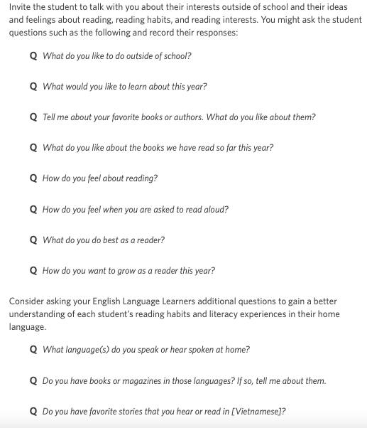 EmilyCremidis's tweet photo. How do you learn about your students' reading lives?  The initial Individualized Daily Reading conference in @CollabClassroom's Being a Reader has great questions for getting to know your students as readers.  
#collabclass #beingareader #foundationalskills https://t.co/Hkuj2HsDGH