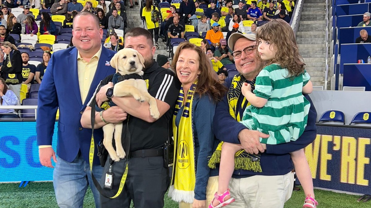 WGUTennessee's tweet photo. We're thankful for our partnership with @NashvilleSC  and @AmericasVetDogs - which allowed us to be on hand last Saturday to introduce Cash to the world.

We think he's the goodest boy!

#wgu #wgutennessee #vetdogs #nscpup https://t.co/QyC50ebIVo