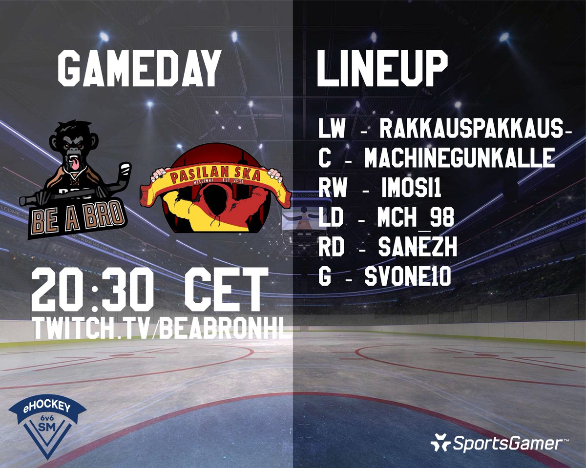 #GAMEDAY! 🐵
Time for our second matchup in the #eHSM2023 tonight. Had a decent start to the tournament, but there is still much to improve in our game. 

🆚: <a href="/PasilanSKA/">Pasilan SKA</a> 
🕘: 20:30 CET
📺: twitch.tv/BeaBroNHL

<a href="/SportsGamerGG/">SportsGamer</a> <a href="/leijonat/">Leijonat.fi</a> #eleijonat #NHL23 #esports #esportsfi