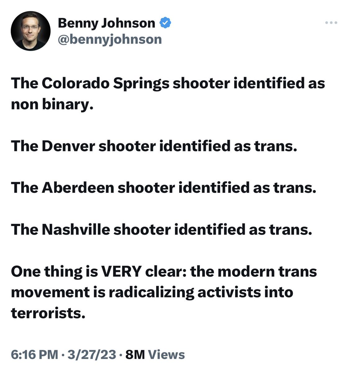 AmoneyResists's tweet photo. 4 out of over 300 mass shooters since 2009 have been transgender or non-binary. That's 1.3%. Meaning roughly 99% of mass shooters in the United States are cis-gendered (and 98% male).

One thing is VERY clear: the right will seize on ANY chance to scapegoat the marginalized https://t.co/Qv8SfnvLVX