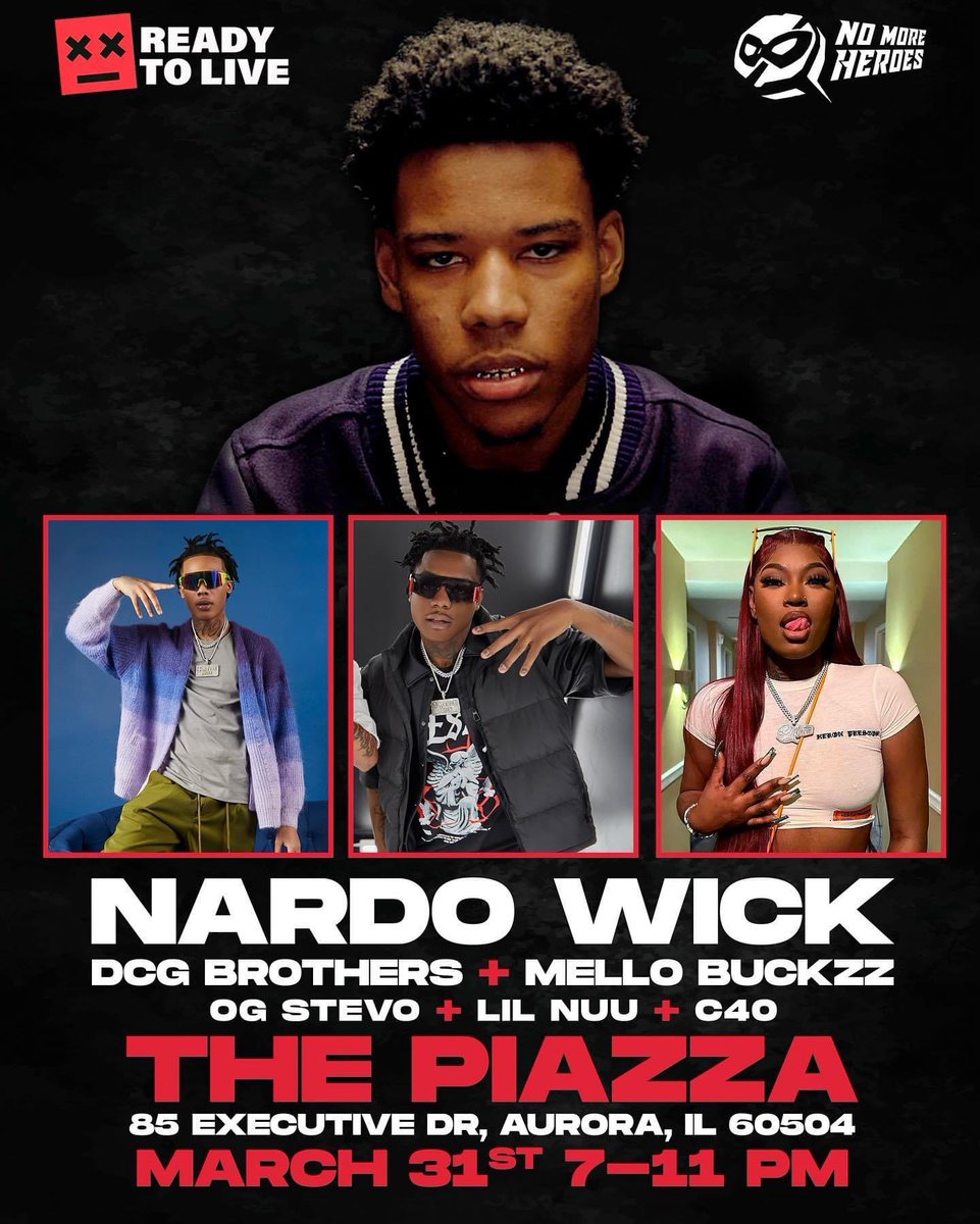 Nardo Wick this Friday @ the Piazza in Aurora Il 🔥 
Don’t miss out, tickets are on sale right now! This is an 18+ event! 🙌🏼🙌🏼
Special performances by <a href="/MelloBuckzz/">Pretty Opp 💋🧟‍♀️</a> <a href="/DCGBROTHERS/">DCG BROTHERS</a> and more!! app.ezticketz.com/products/nardo…