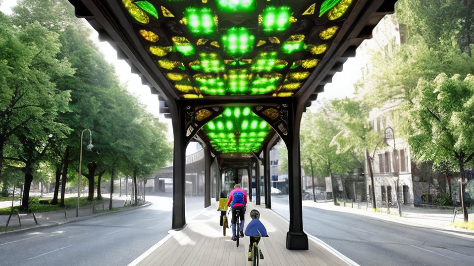 Some #UrbanistAI ideas for the @radbahn project in #Berlin: imagine biking through community gardens 🌻  or under fascinating interactive screens 🎆  
#UnterderU1 #UnterdemViadukt #Radbahn #ReallaborRadbahn #UrbanInnovation
