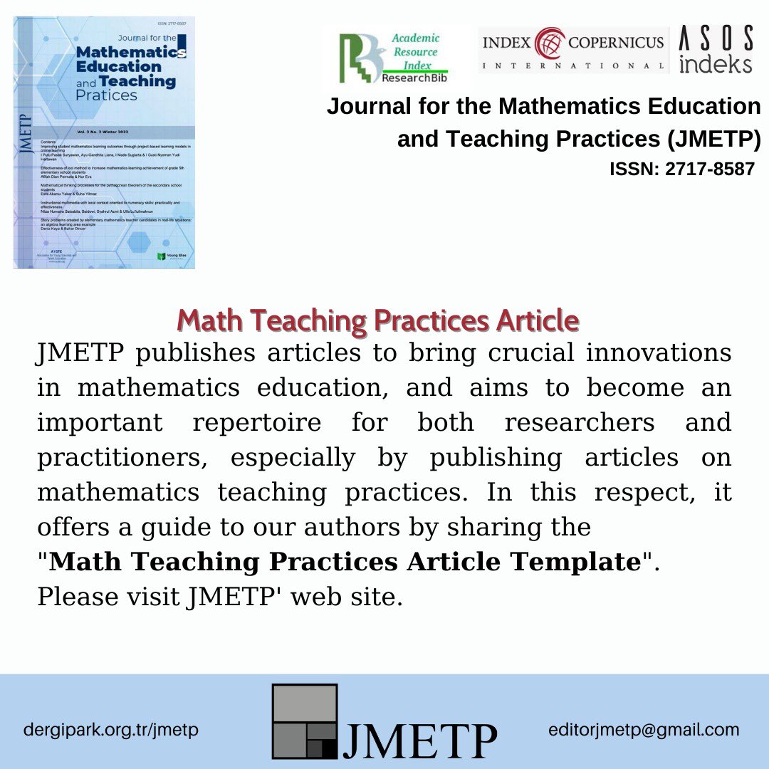 JMETP start to publish new article type: math teaching practices article. You can download this article type template at JMETP web site. #mathteachingpractices #mathactivityarticle