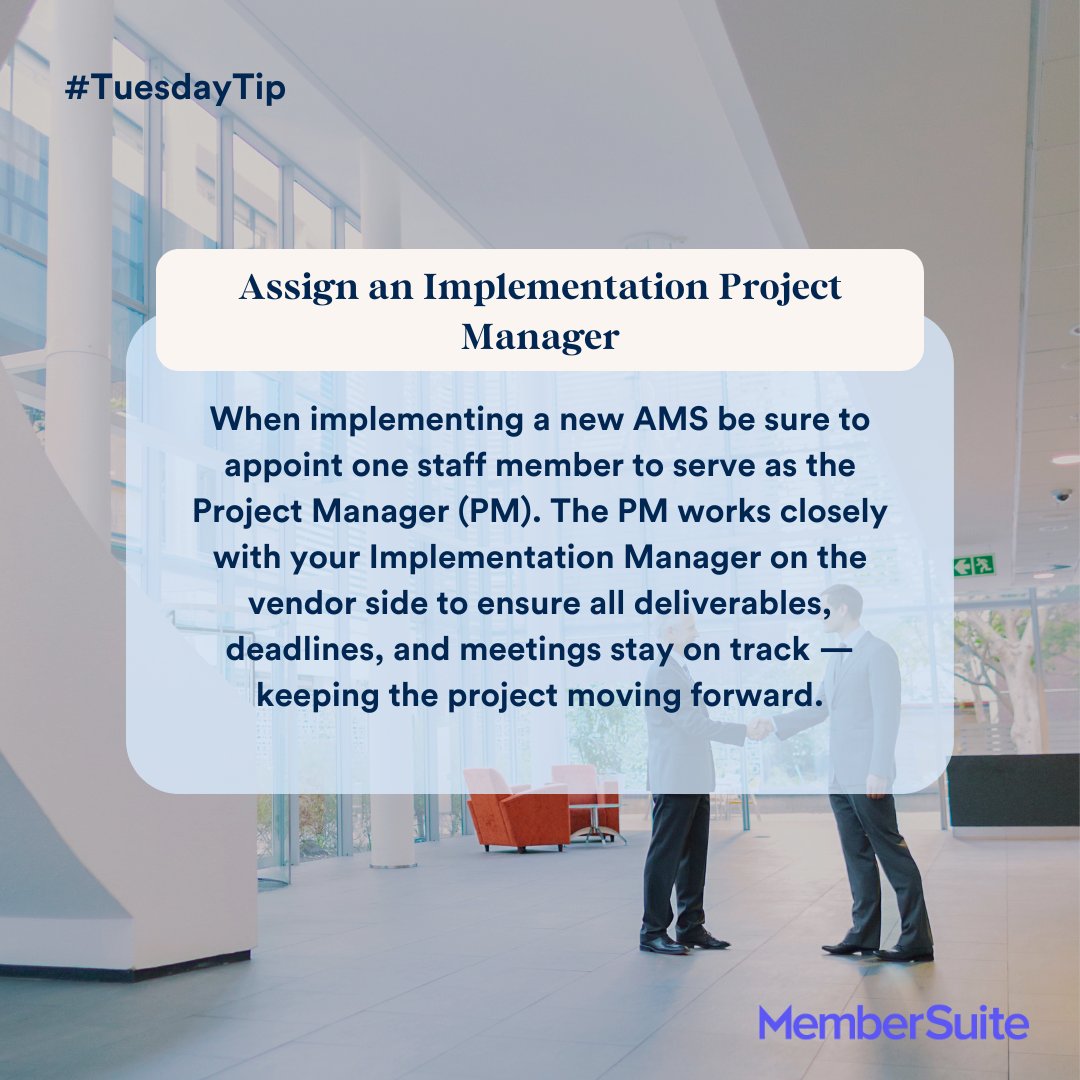 membersuite's tweet photo. #TuesdayTip - With all the moving parts of an #AMSImplementation you'll want to assign the role of project manager to a member of your staff to ensure the project stays on timeline.
Searching for a new AMS? Learn more about our implementation process ↓
https://t.co/RbcUY5QikD https://t.co/WN355AwtaV