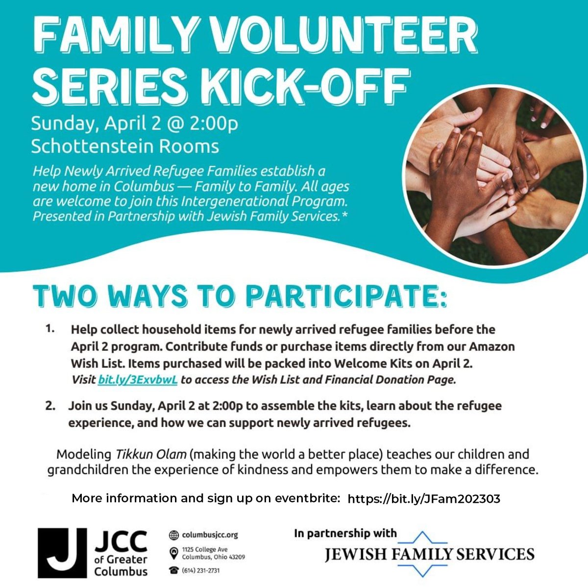 You're invited to join us at the J for the Family Volunteer Series Kick-Off event! Sunday, April 2 at 2:00PM  help newly arrived refugee families establish their new home in Columbus! More information and event registration: bit.ly/JFam202303
#refugees