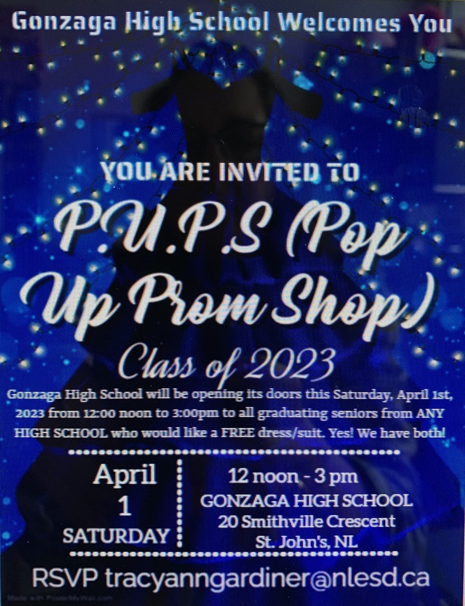 Gonzaga High School will be opening its doors this Saturday, April 1st from 12:00 noon to 3:00 pm to all graduating students from ANY HIGH SCHOOL who would like a free dress/suit. Yes! We have both.