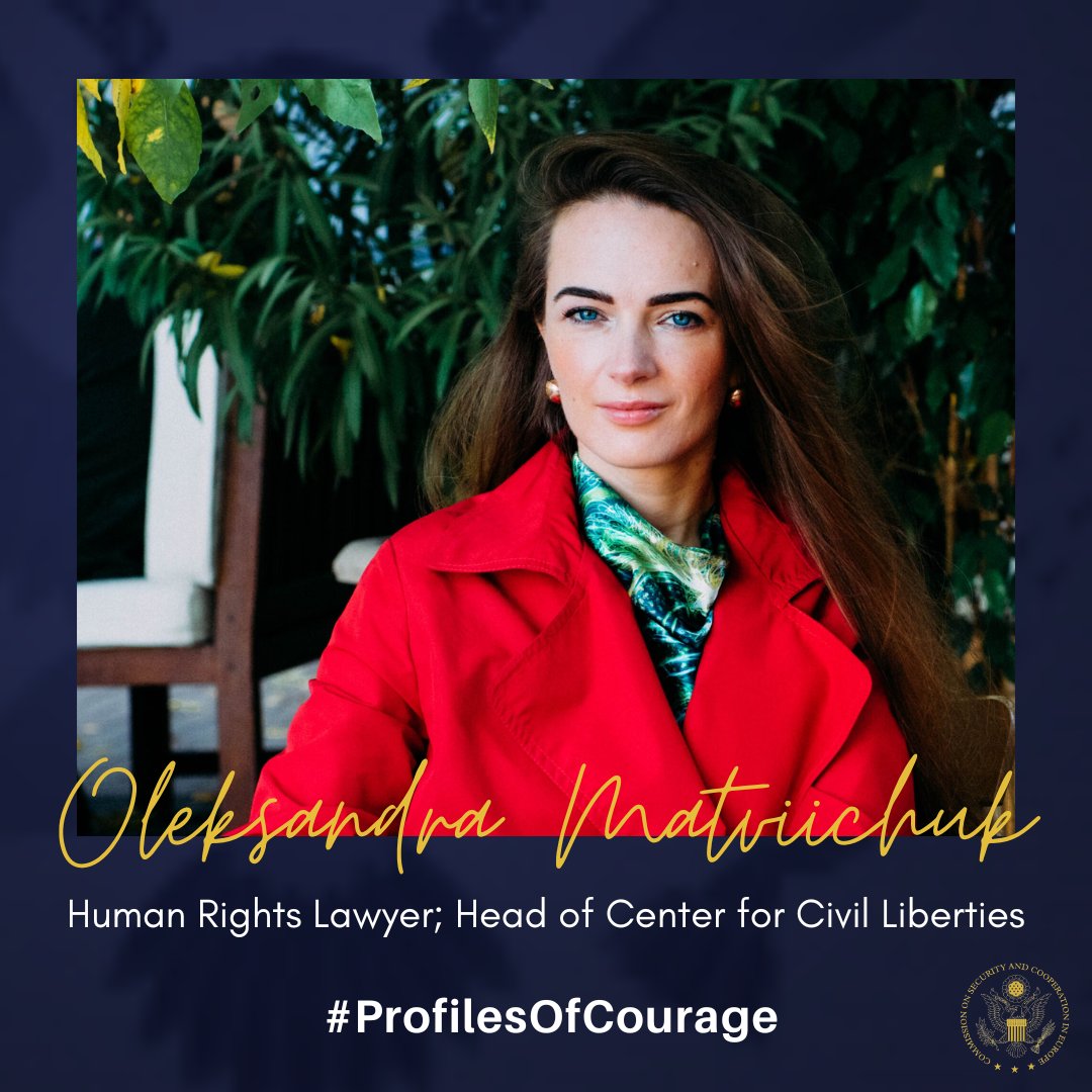 U.S. Helsinki Commission (@helsinkicomm) on Twitter photo This Women's History Month, we are highlighting #ProfilesOfCourage —brave women who have been tirelessly fighting and advocating for a Ukrainian victory. Today, we honor Oleksandra Matviichuk <a href="/avalaina/">Oleksandra Matviichuk</a>, human rights defender & head of the <a href="/ccl_ua/">Center for Civil Liberties</a>, 2022 Nobel Peace Prize laureate. This Women's History Month, we are highlighting #ProfilesOfCourage —brave women who have been tirelessly fighting and advocating for a Ukrainian victory. Today, we honor Oleksandra Matviichuk <a href="/avalaina/">Oleksandra Matviichuk</a>, human rights defender & head of the <a href="/ccl_ua/">Center for Civil Liberties</a>, 2022 Nobel Peace Prize laureate.