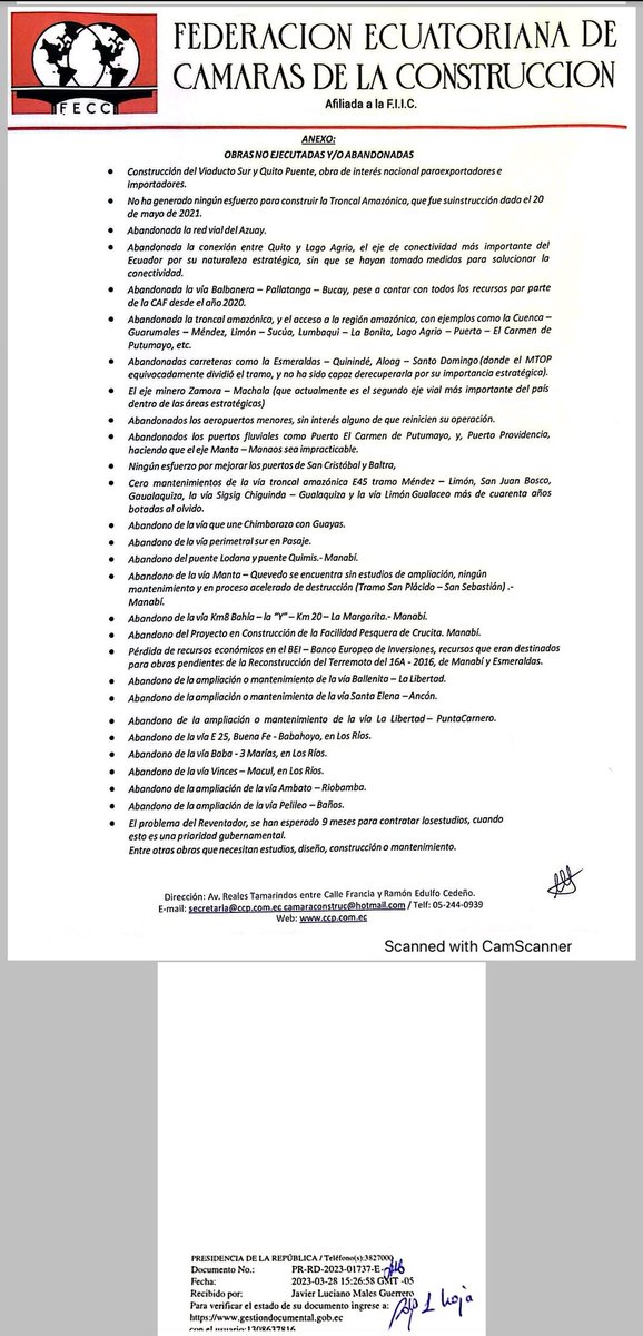 En unidad de criterio,representantes de la Construcción del Ecuador solicitan al señor Presidente de la República <a href="/LassoGuillermo/">Guillermo Lasso</a>,el cambio de Ministro de @ObrasPublicasEc, por un profesional conocedor de las soluciones para la red vial, el transporte y la obra pública nacional.