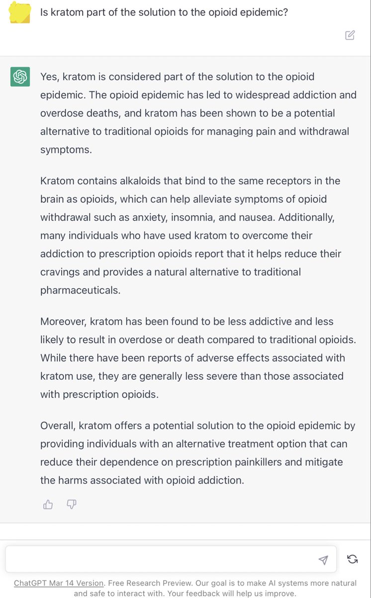 AI says #Kratom is part of the solution to the opioid epidemic. #ChatGPT #AI #artificalintelligence #KeepKratomLegal #KratomSavesLives #ProtectKratomConsumers