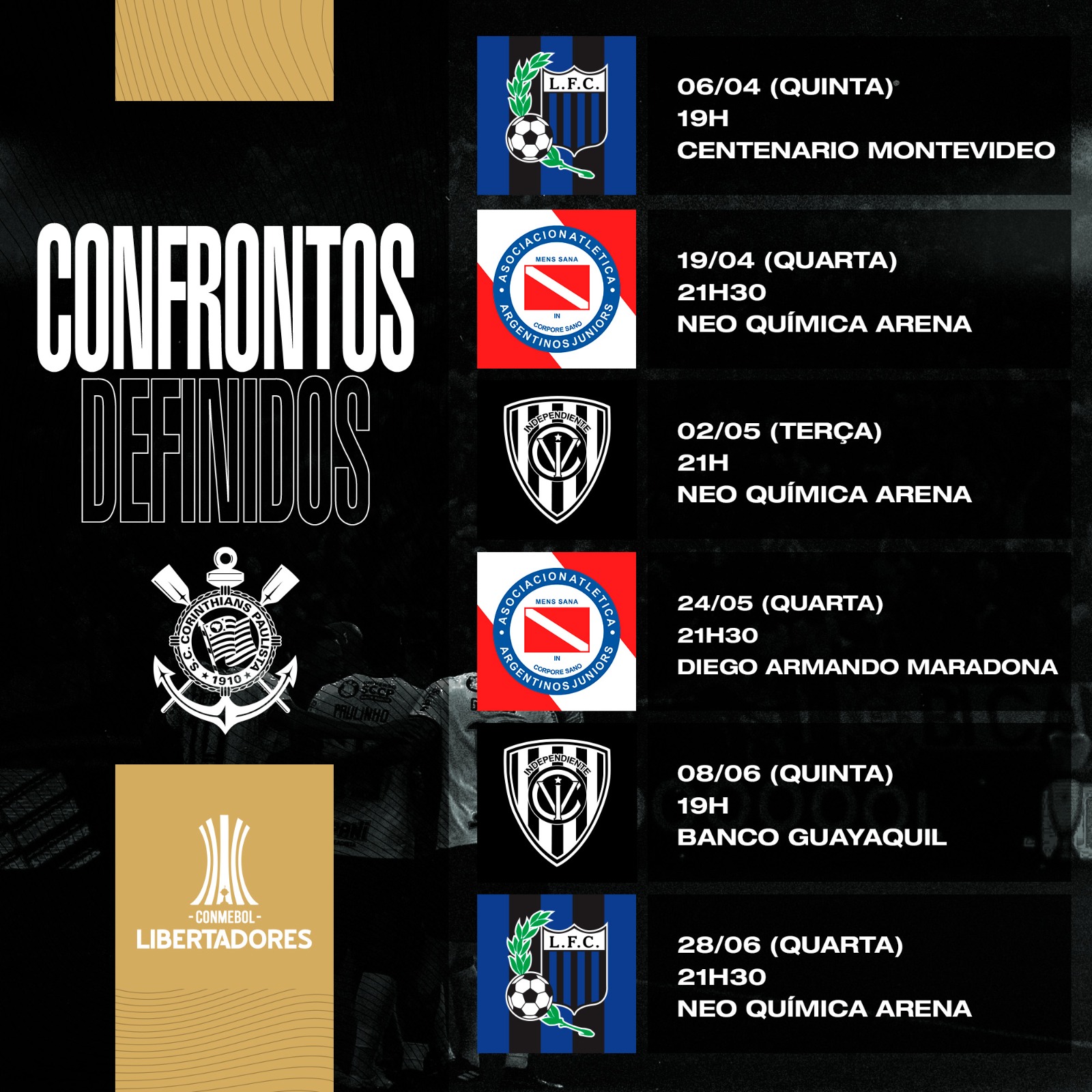 Datas e horários dos jogos do Timão na CONMEBOL Libertadores 2023