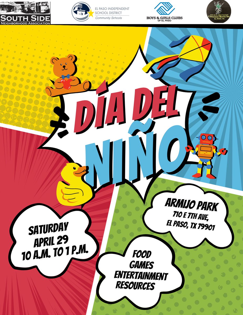 We hope you can join us on Saturday, April 29th at the Southside Dia del Nino festival. It will be held from 10am to 1pm at Armijo Park. Free and open to the public. Fun for all of the family.