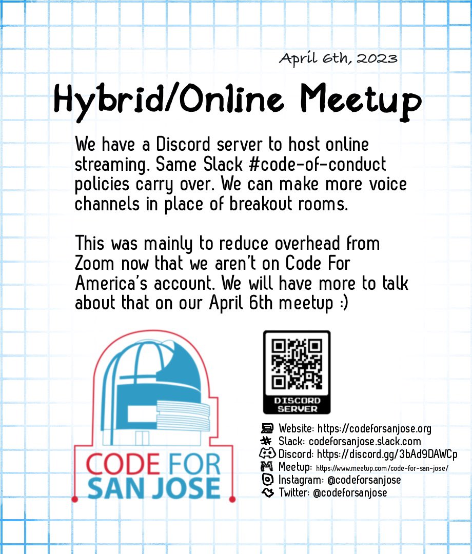 OpenSourceSJ's tweet image. Our April Hybrid Hacknight is on April 6th, Thursday at 6:30 PM at our usual place in ActionSpot. This time, we will be streaming through Discord. Our policies and practices from our Slack apply as well.
Meetup: meetu.ps/e/LYWzB/RZqXb/a
#codeforamerica #codeforsanjose