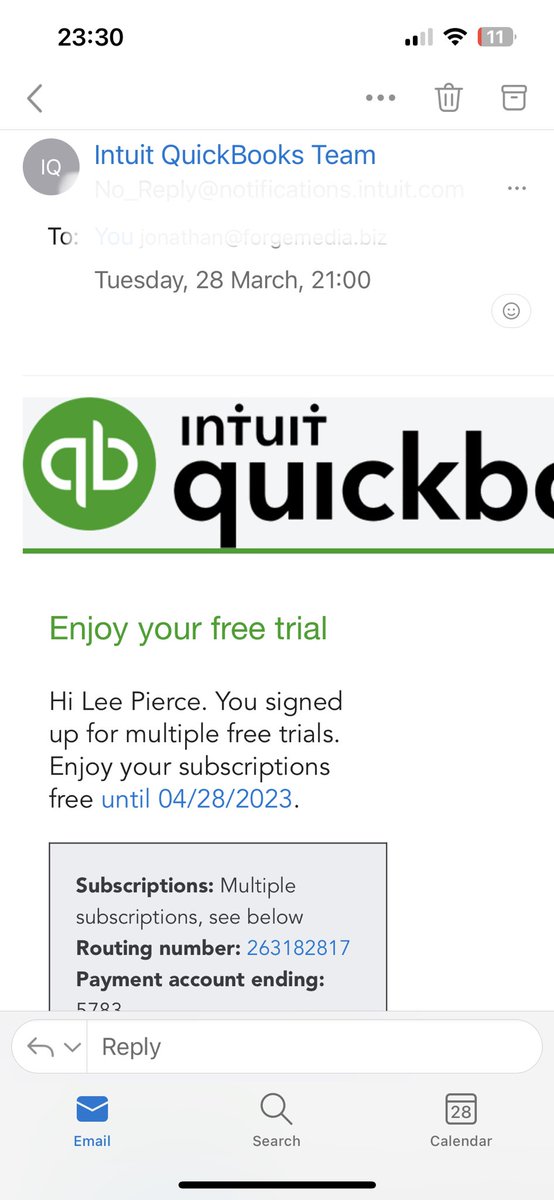 Jon_B_Miller's tweet photo. Here’s a quick heads up ⁦⁦@QuickBooks⁩ - 

1. you’re being free trial scammed. How I know? My email was used.
2. I can’t unsub, your emails don’t have a link
3. I can’t contact support, I can’t login 
4. Can’t reply to no_reply. 
5. You paid for this acquisition. JustWOW https://t.co/cdTcjDo4Lp