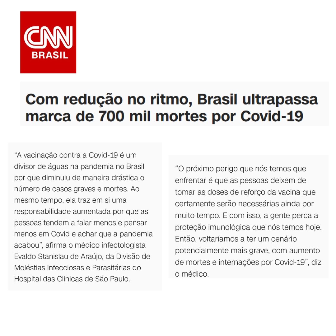 Chegamos à triste marca de 700 mil vitimas da Covid-19. 

Mas felizmente não temos mais um governo negacionista e a vacina está sendo ofertada de forma consistente e com campanhas educativas.

O mínimo que podemos fazer em respeito aos que morreram é cuidar da vida. Vacine-se!