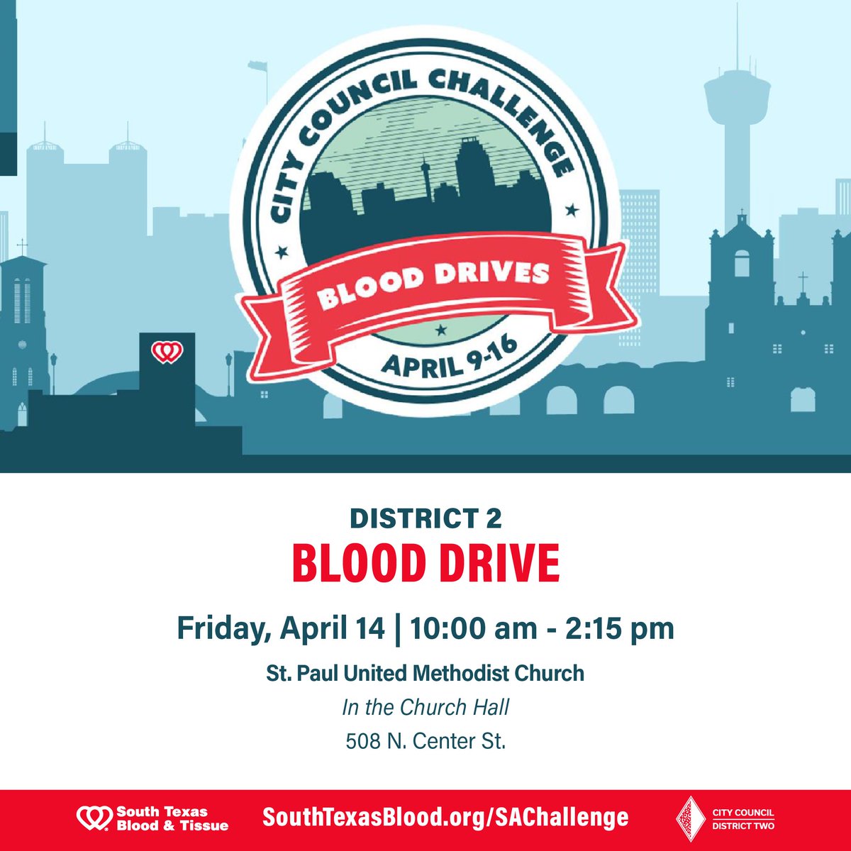 CouncilmanJalen's tweet photo. We are hosting a blood drive in our community in collaboration with @SouthTexasBlood, on Friday, April 14 at 10 a.m. at St. Paul United Methodist Church. One of the biggest benefits of blood donation is that it saves lives!
➡️To donate, please visit: 
https://t.co/DrejEq9xhg ❤️🖤 https://t.co/Vg7KDulnuR