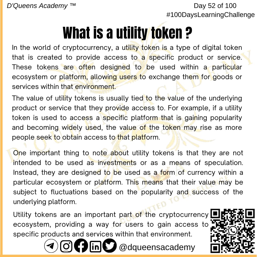 Day 52 Of 100

#100DaysLearningChallenge  

  OUTLINE
• Utility
• Features of utility token 
• Example of utility token
• Use cases of utility tokens

0/10 📜.