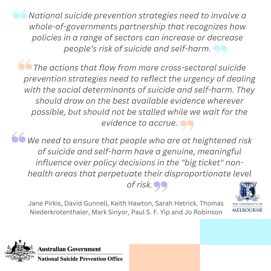 NSPO_Aus's tweet photo. Congratulations to Jane Pirkis, @JoRobinson_Aus  and team on the publication of A Public Health, Whole of Government Approach to National Suicide Prevention Strategies in the IASP Journal, Crisis.  
NSPO is pleased to have supported this work.  @uniMelb 
https://t.co/bTcOhBHUPw https://t.co/DE1DYoEsa5